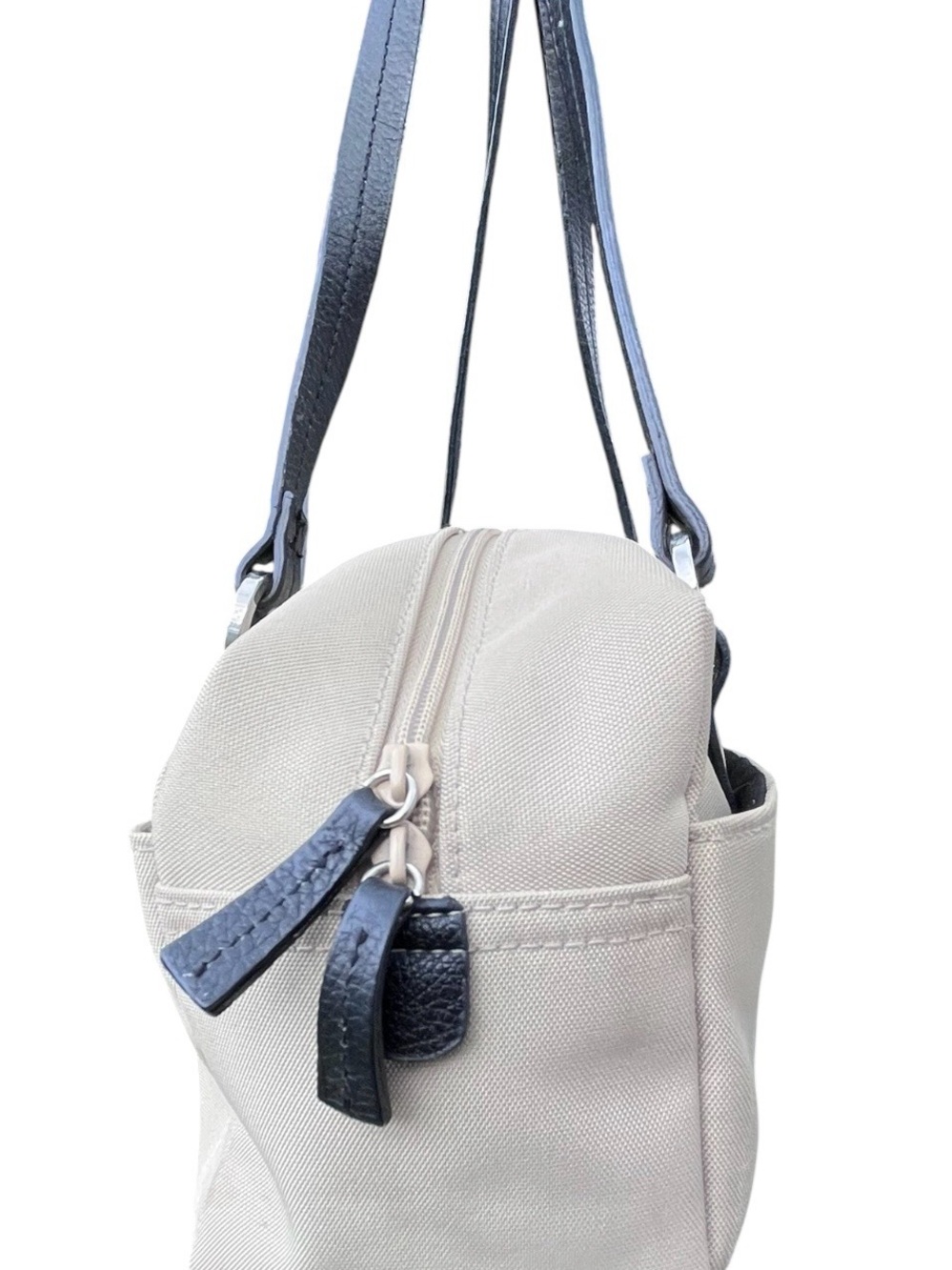 Miztique Beige Nylon Shoulder Bag Black Trim Double Handle Tote - Picture 8 of 9